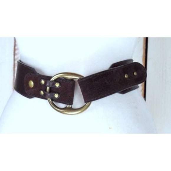 Wide dark brown leather vintage saddle belt/brass metal loop buckle belt - Picture 4 of 5